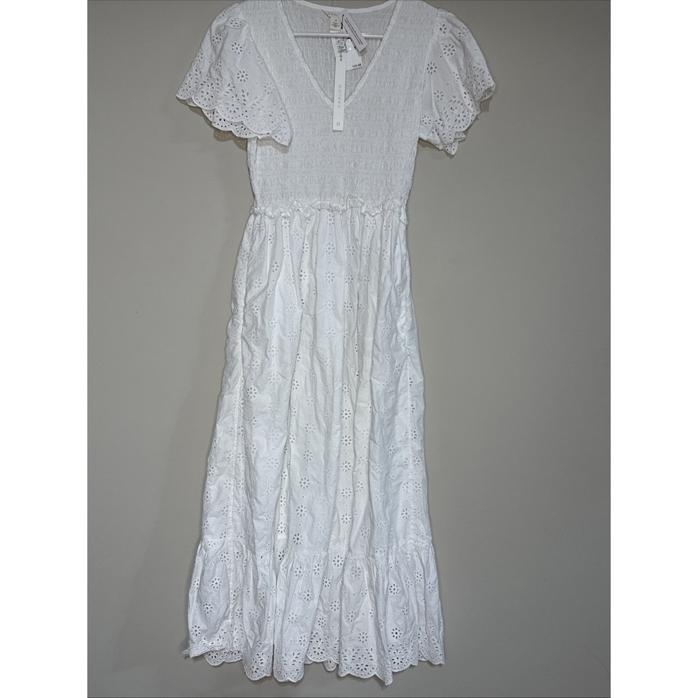 Caslon White‎ Eyelet Smocked Midi Maxi Dress XS Flutter Sleeve Cotton NWT #99